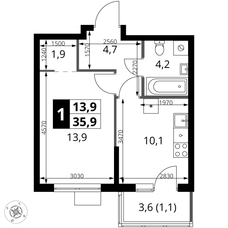 1 ккв 35,9 м²