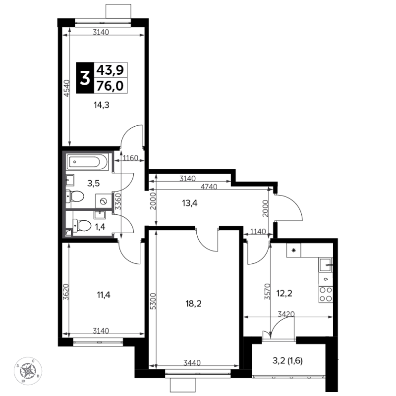 3 ккв 76,7 м²