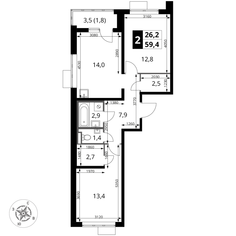 2 ккв 59,4 м²