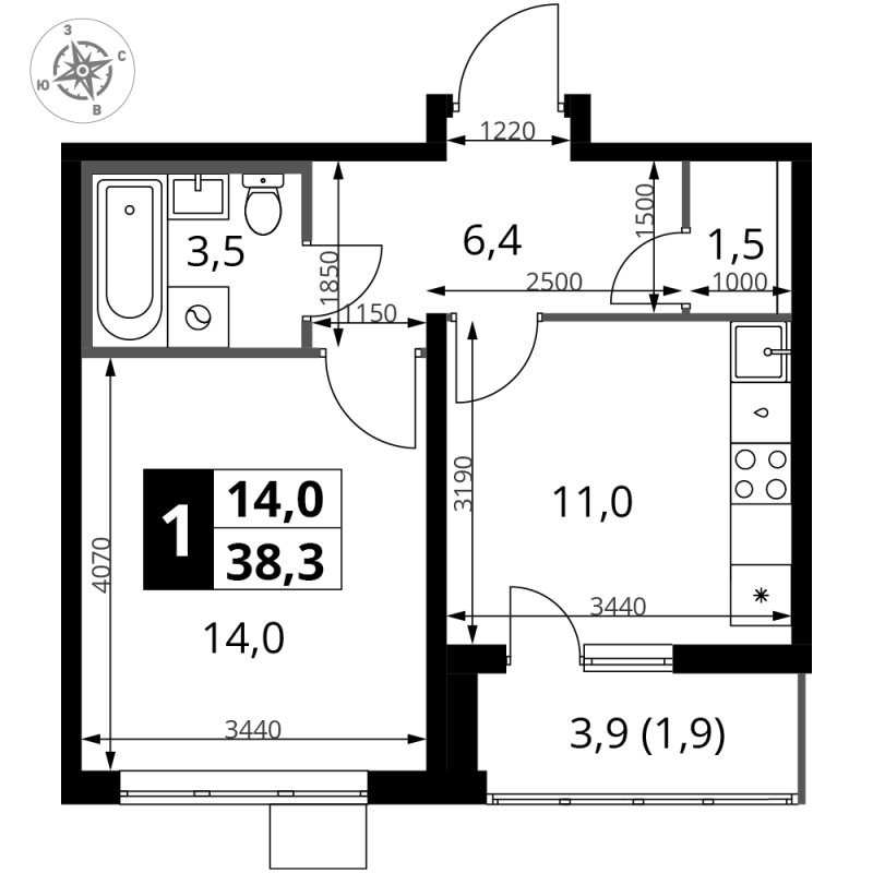 1 ккв 38,3 м²