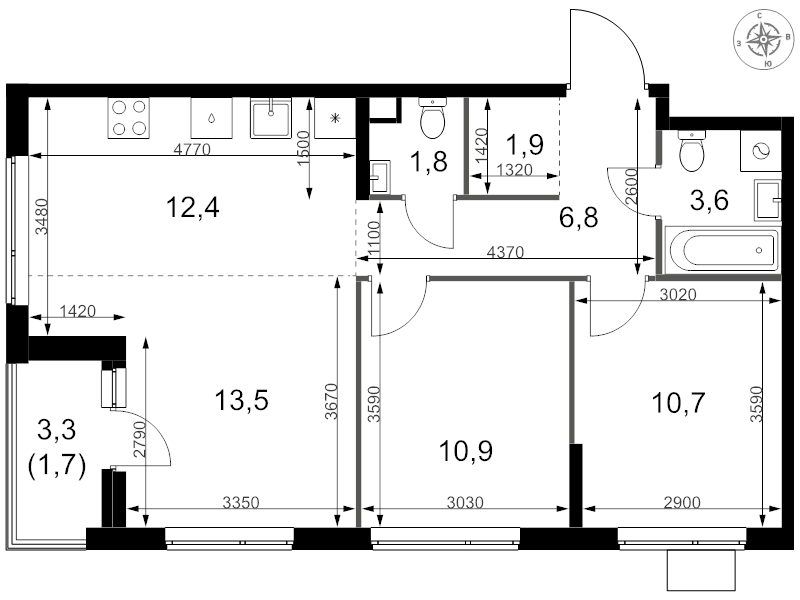 3 ккв (Евро) 63,3 м²