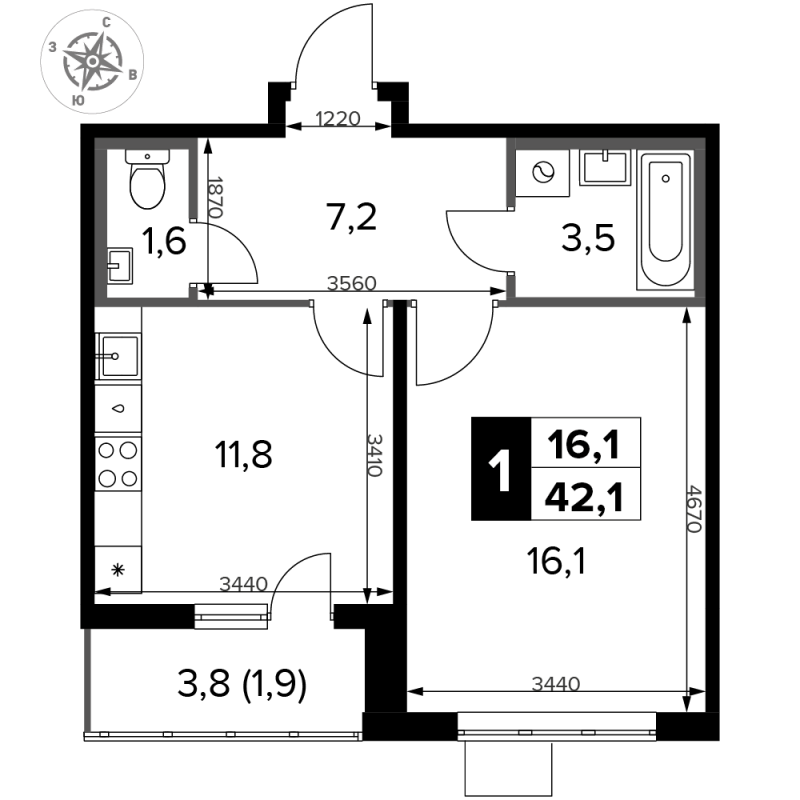 1 ккв 42,1 м²