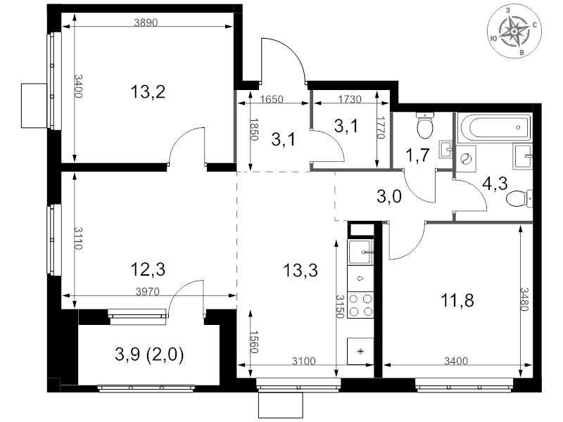 3 ккв (Евро) 67,8 м²