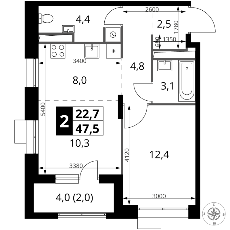2 ккв (Евро) 47,5 м²