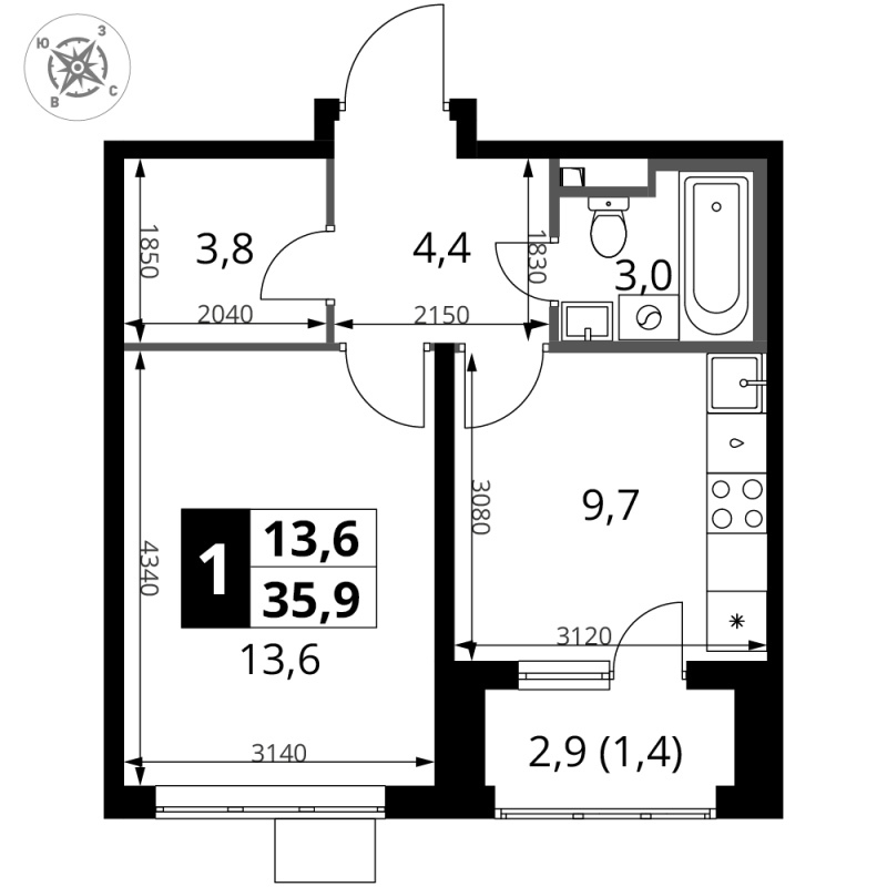 1 ккв 35,9 м²