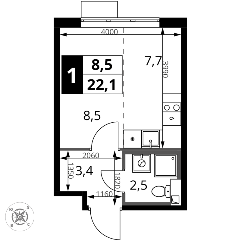 Студия 22,1 м²