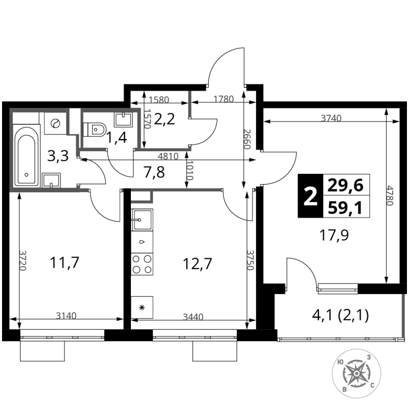 2 ккв 59,1 м²