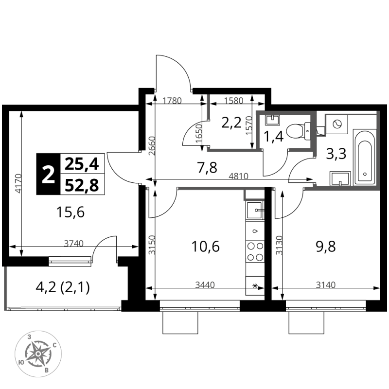 2 ккв 52,8 м²