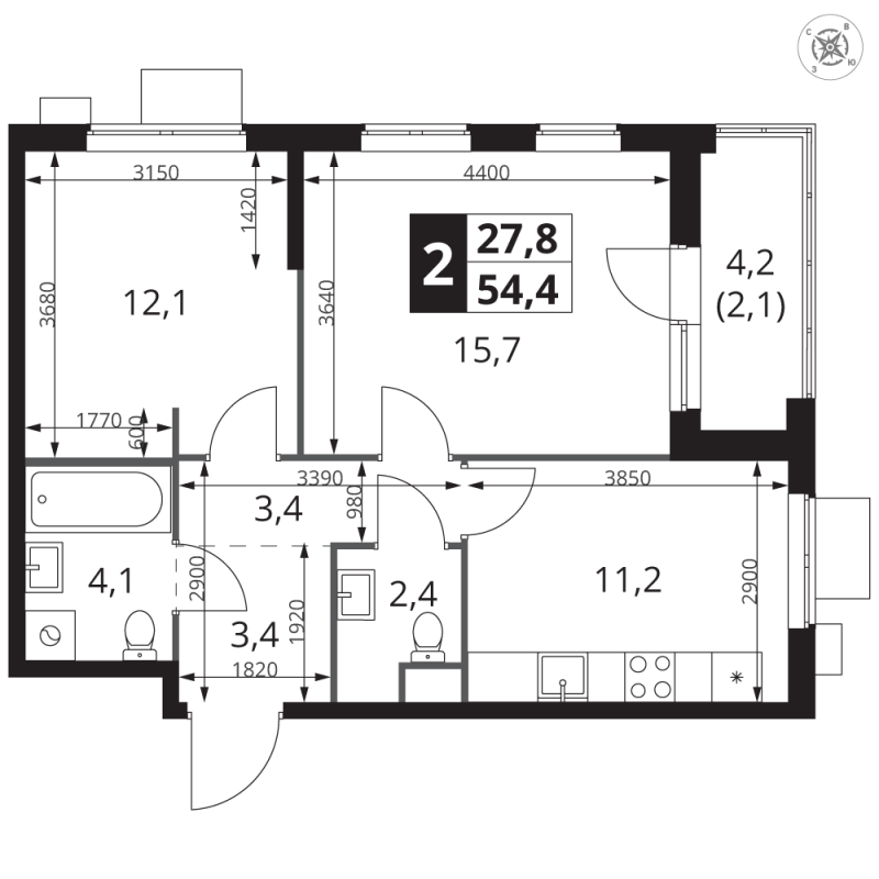 2 ккв 54,4 м²