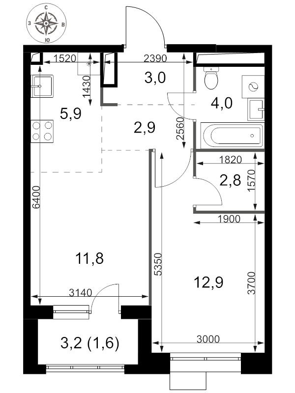 2 ккв (Евро) 44,9 м²