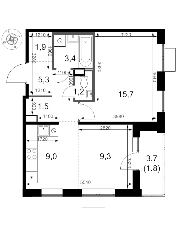 2 ккв (Евро) 49,1 м²