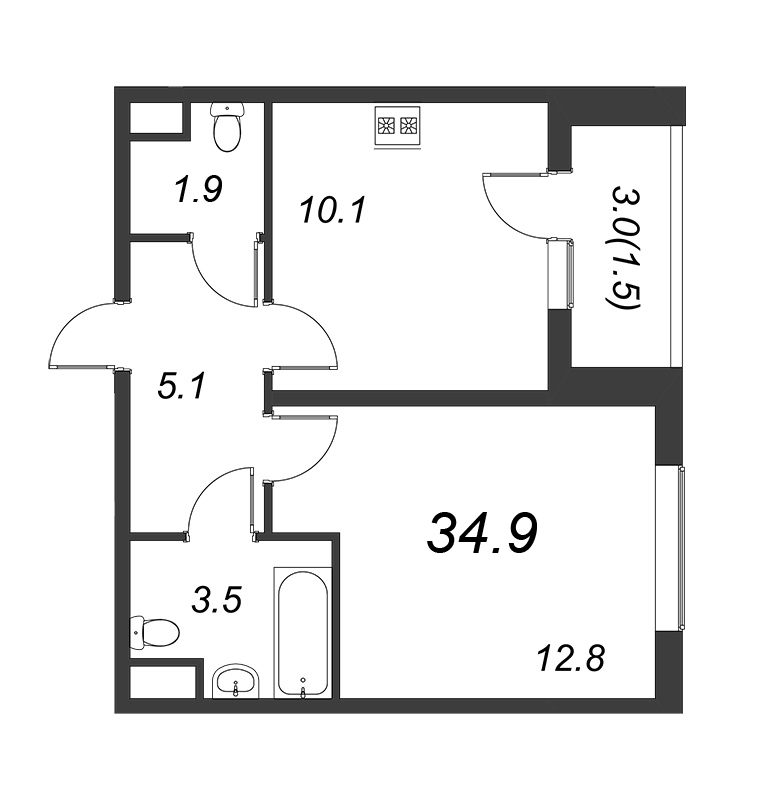 1 ккв 34,9 м²