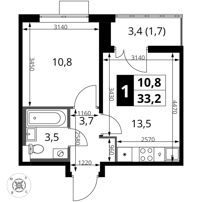 1 ккв 33,2 м²