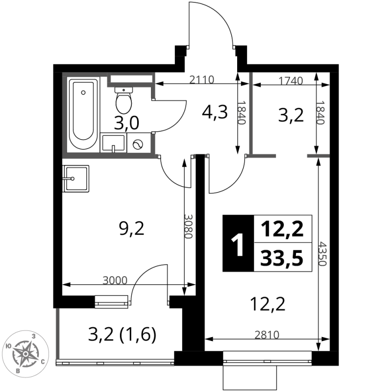 1 ккв 33,5 м²