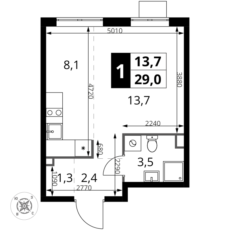 Студия 29 м²