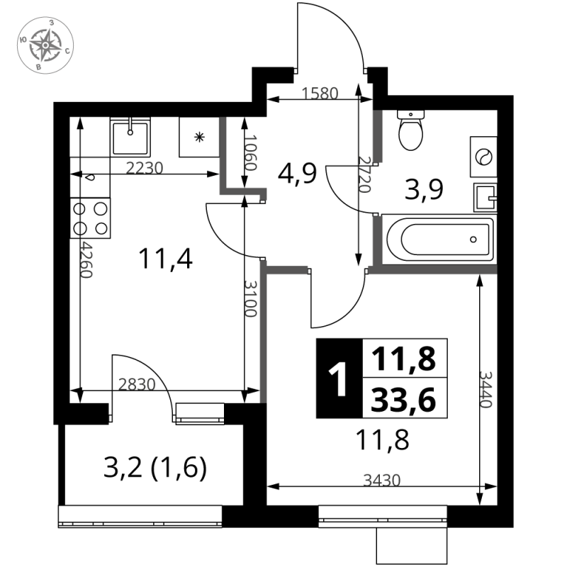 1 ккв 34,3 м²