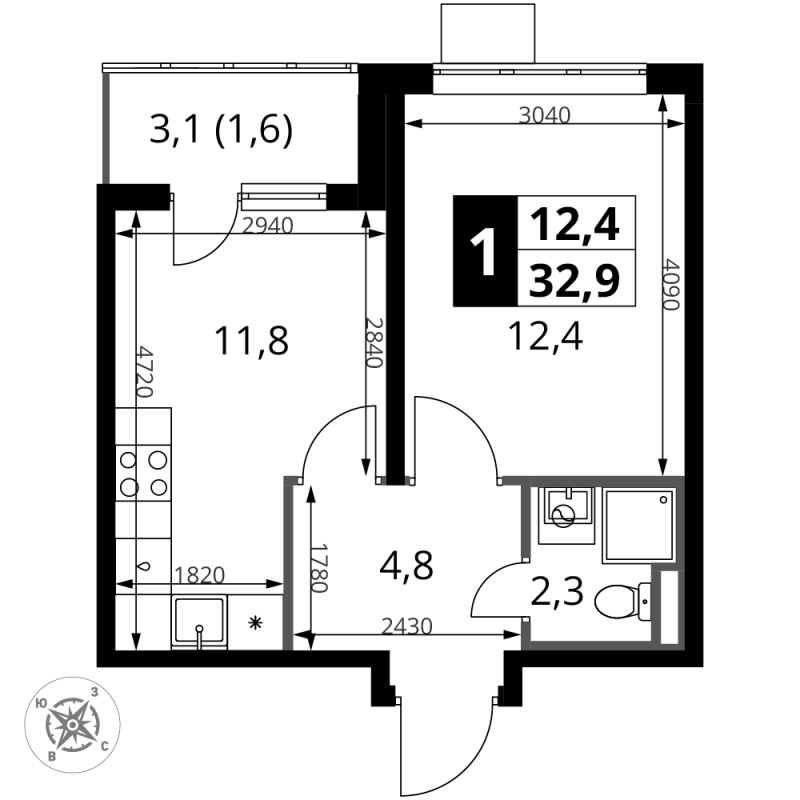 1 ккв 32,9 м²