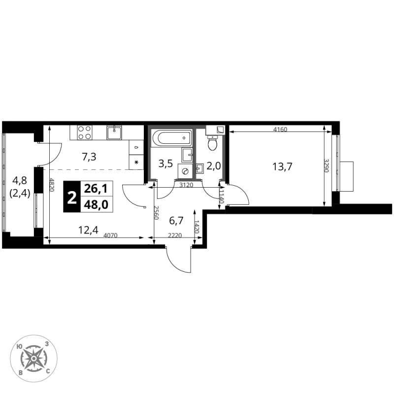 2 ккв (Евро) 48 м²