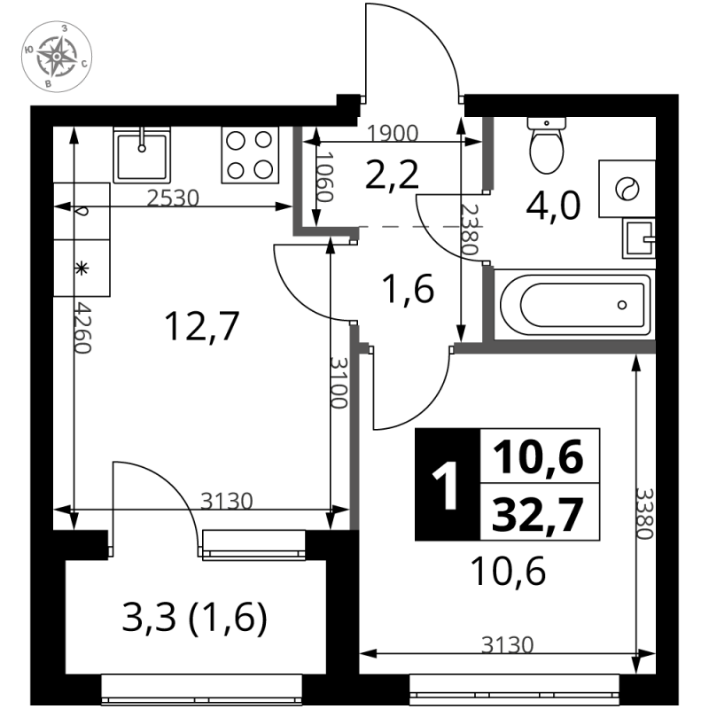 1 ккв 33,4 м²