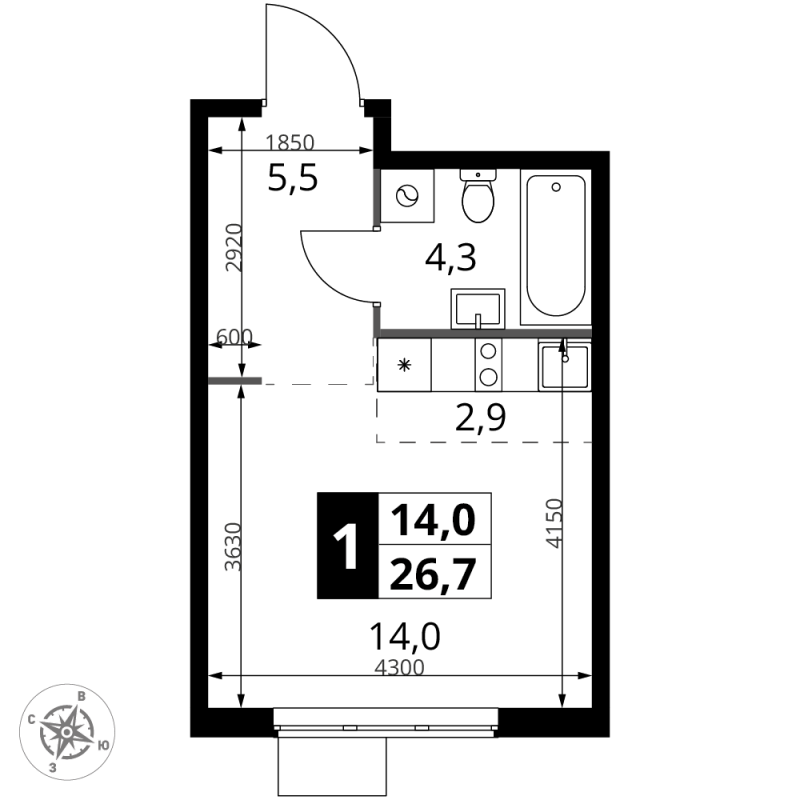 Студия 26,7 м²