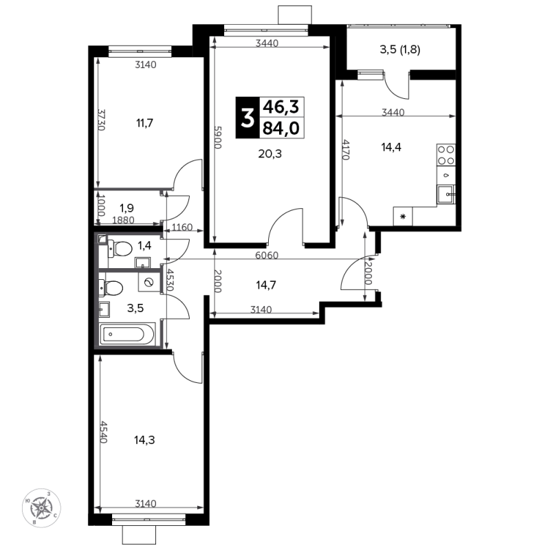 3 ккв 84,1 м²