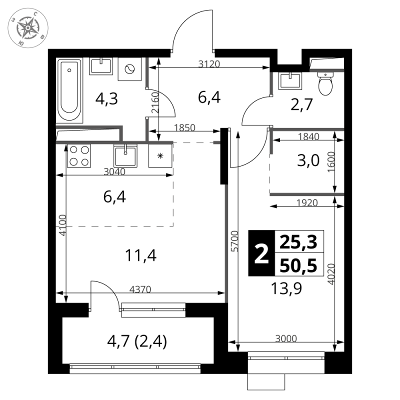 2 ккв (Евро) 50,5 м²