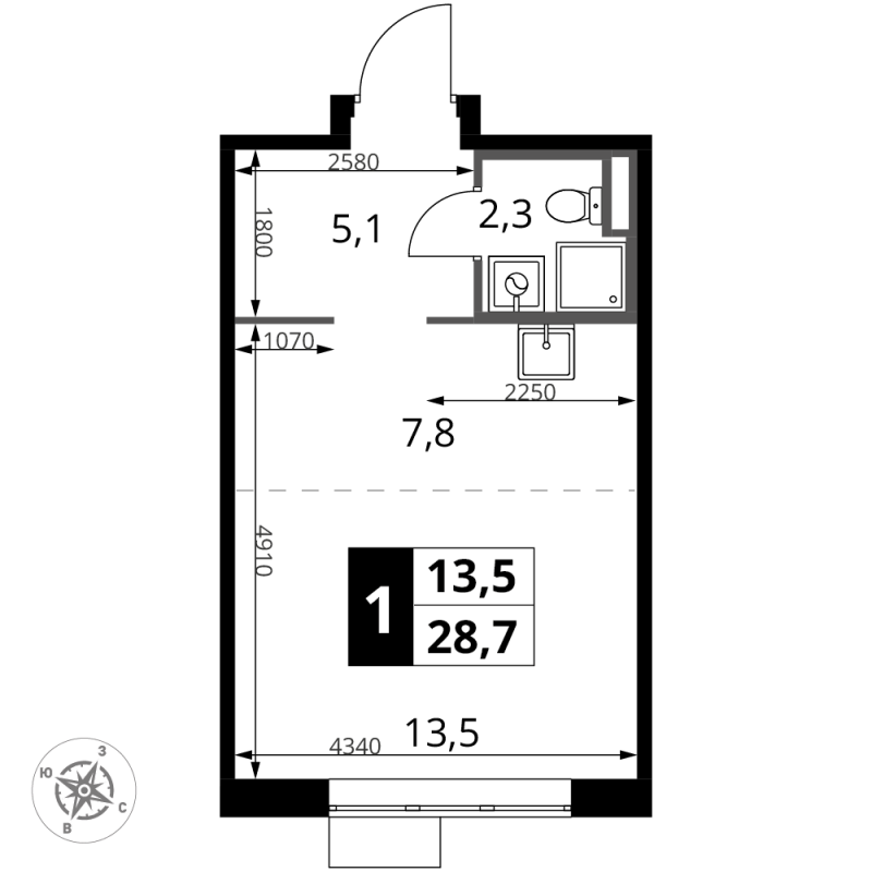 Студия 28,7 м²