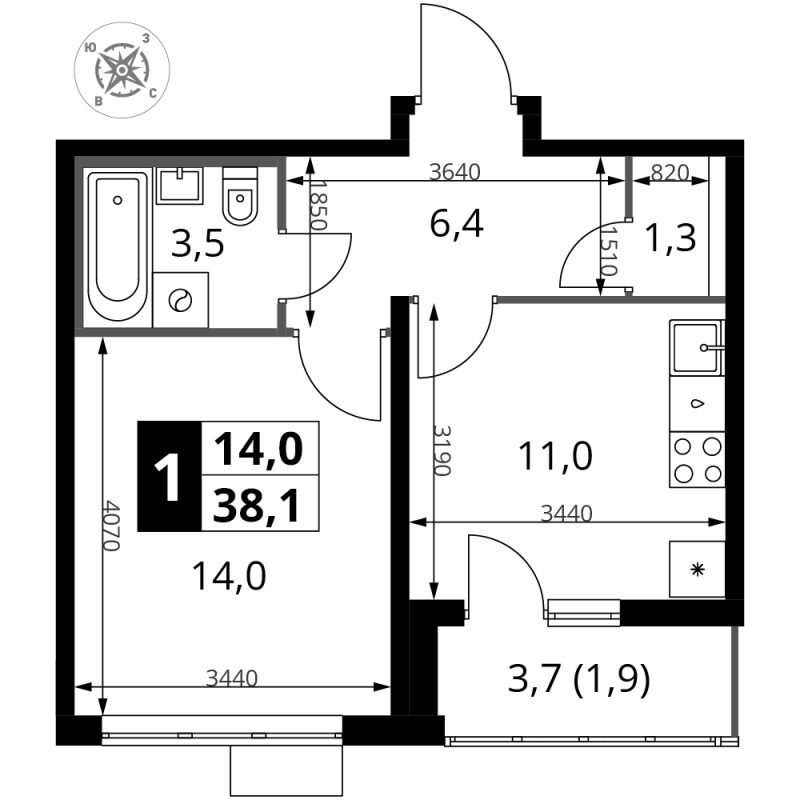 1 ккв 38,9 м²