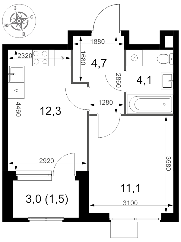 1 ккв 33,7 м²