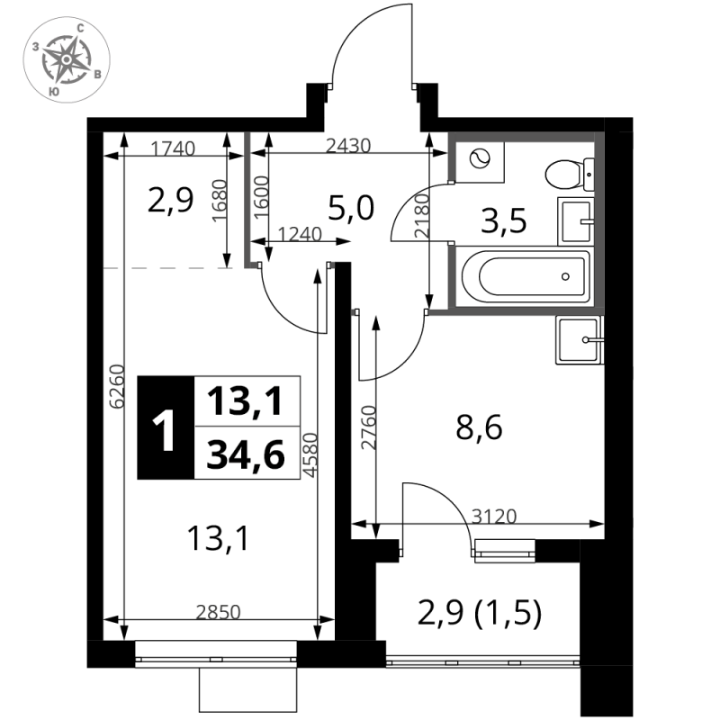 1 ккв 34,6 м²