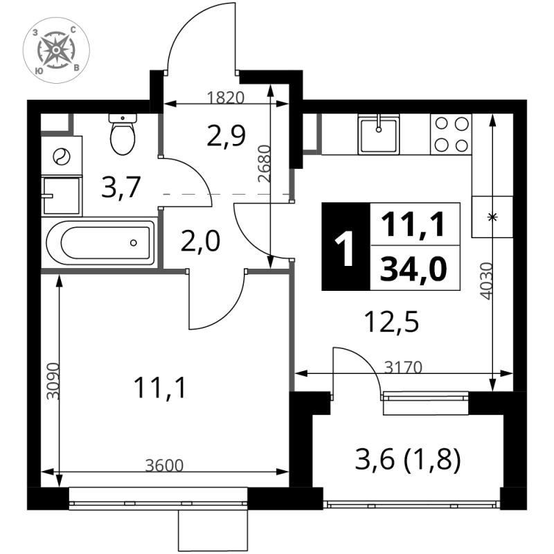 1 ккв 34 м²