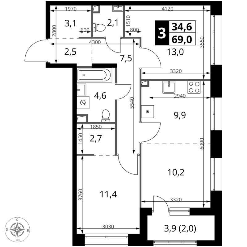 3 ккв (Евро) 69 м²