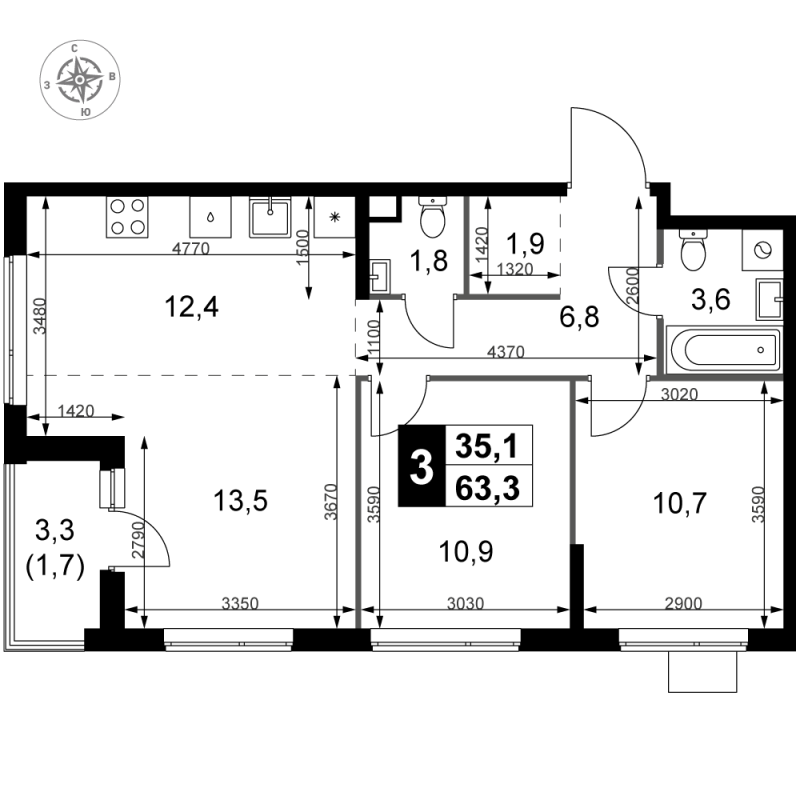 3 ккв (Евро) 63,3 м²