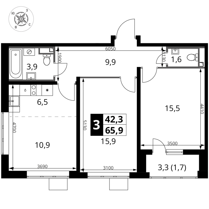 3 ккв (Евро) 65,9 м²