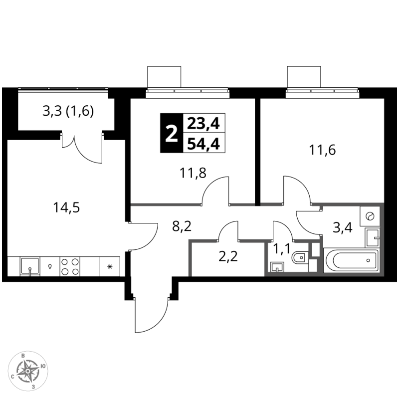 2 ккв 54,4 м²