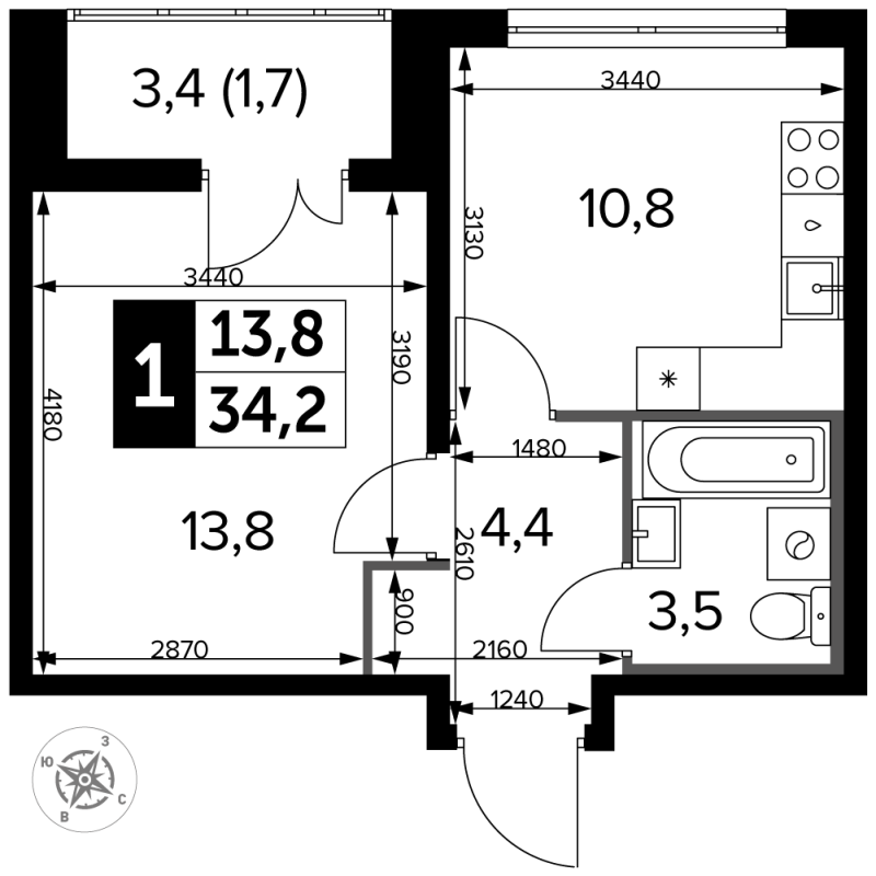 1 ккв 34,1 м²