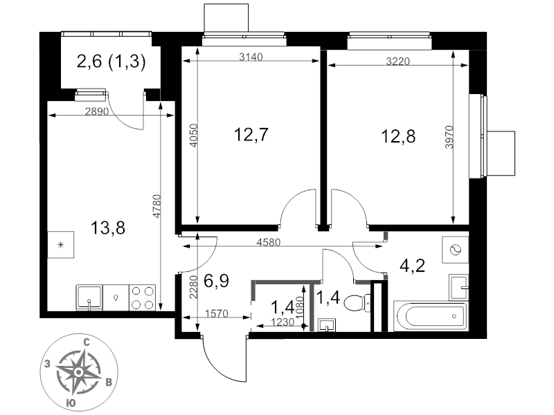 2 ккв 54,5 м²