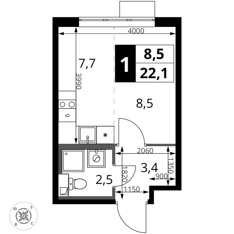 Студия 22,1 м²