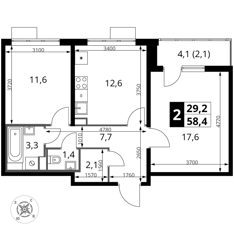 2 ккв 58,4 м²