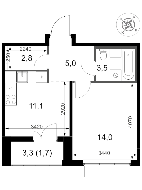 1 ккв 38 м²