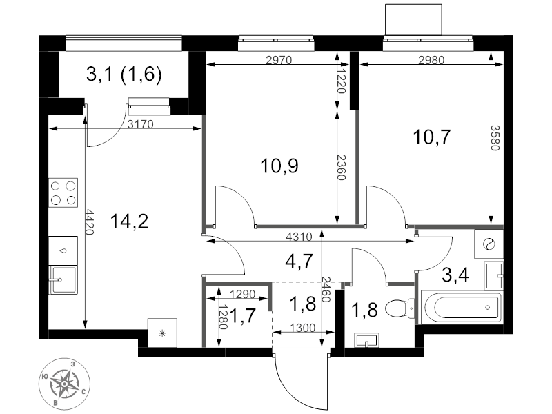 2 ккв 50,8 м²