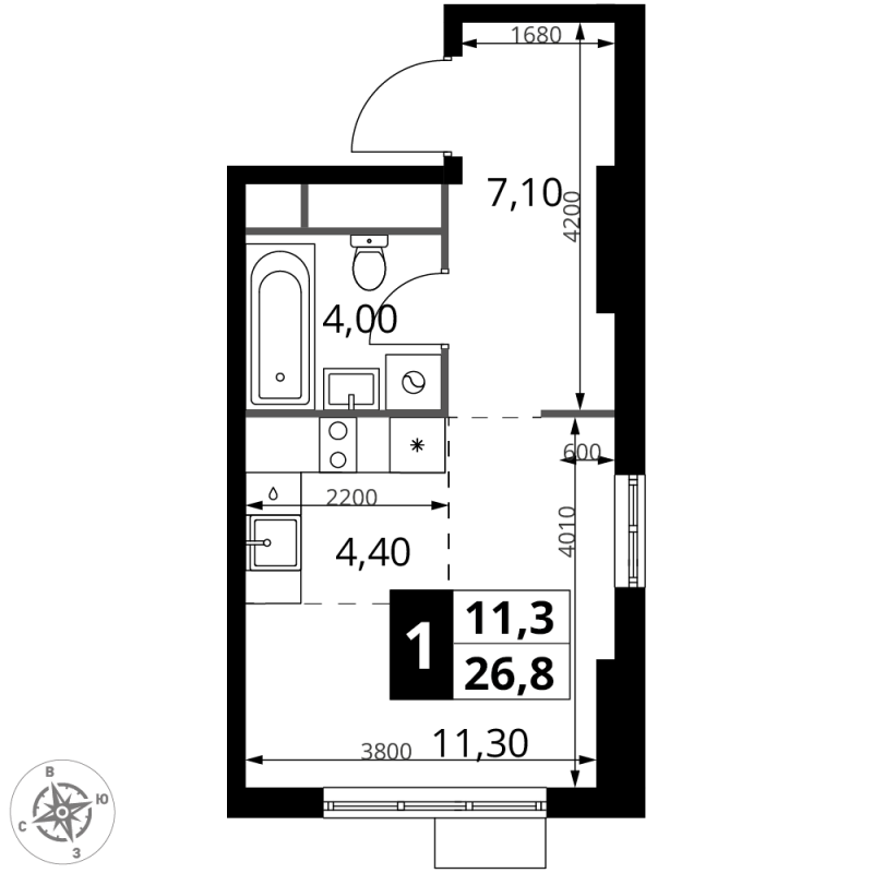 Студия 26,8 м²