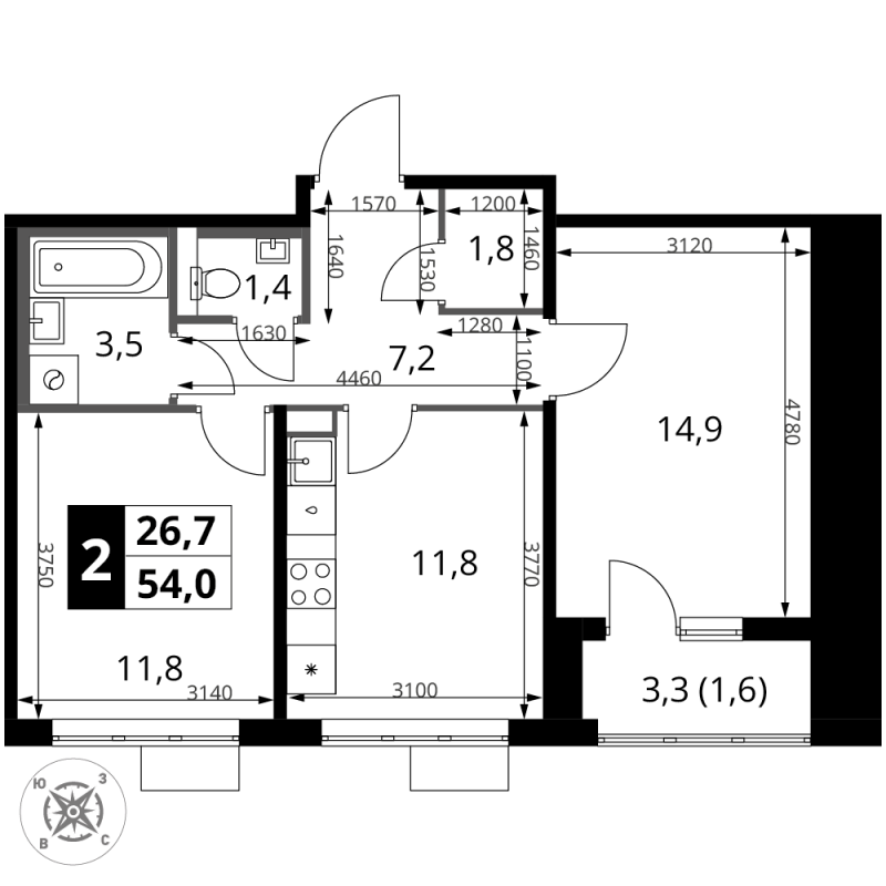 2 ккв 54 м²