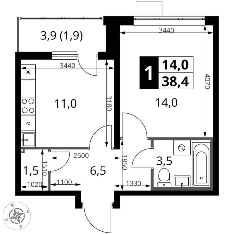 1 ккв 38,3 м²