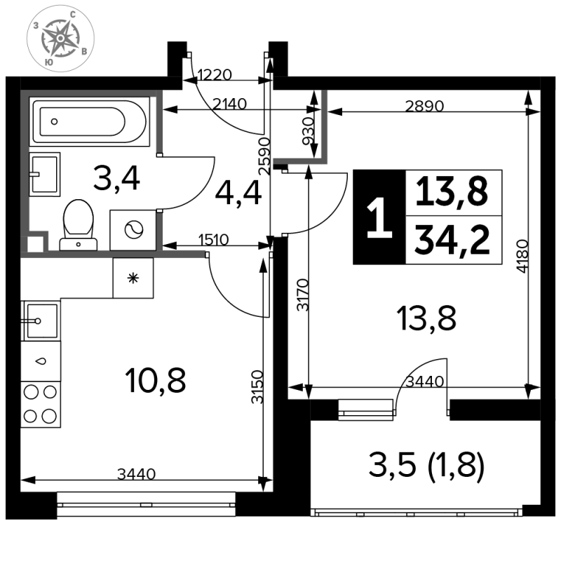 1 ккв 34,6 м²