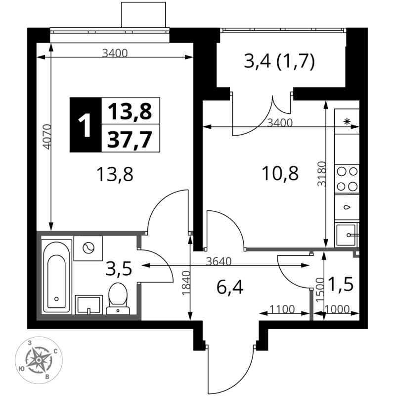 1 ккв 37,7 м²