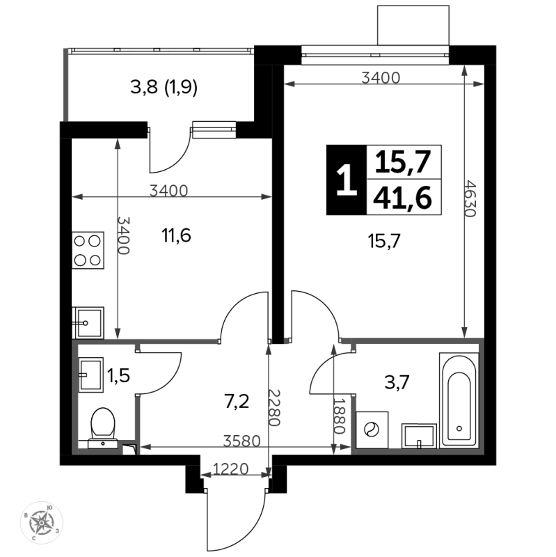 1 ккв 42,5 м²