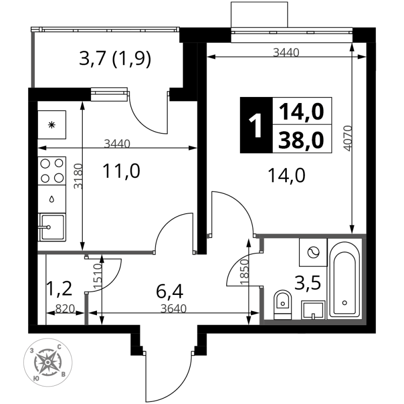 1 ккв 38,3 м²