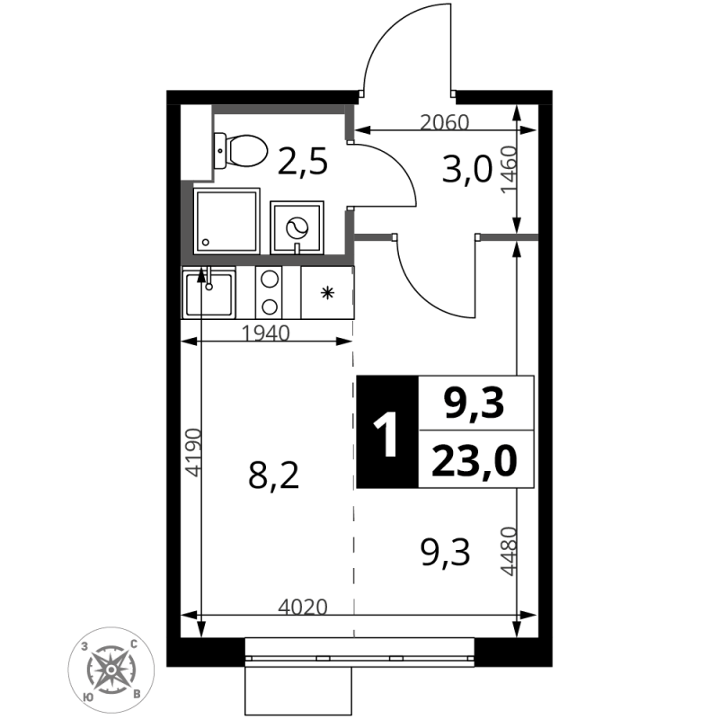 Студия 23 м²
