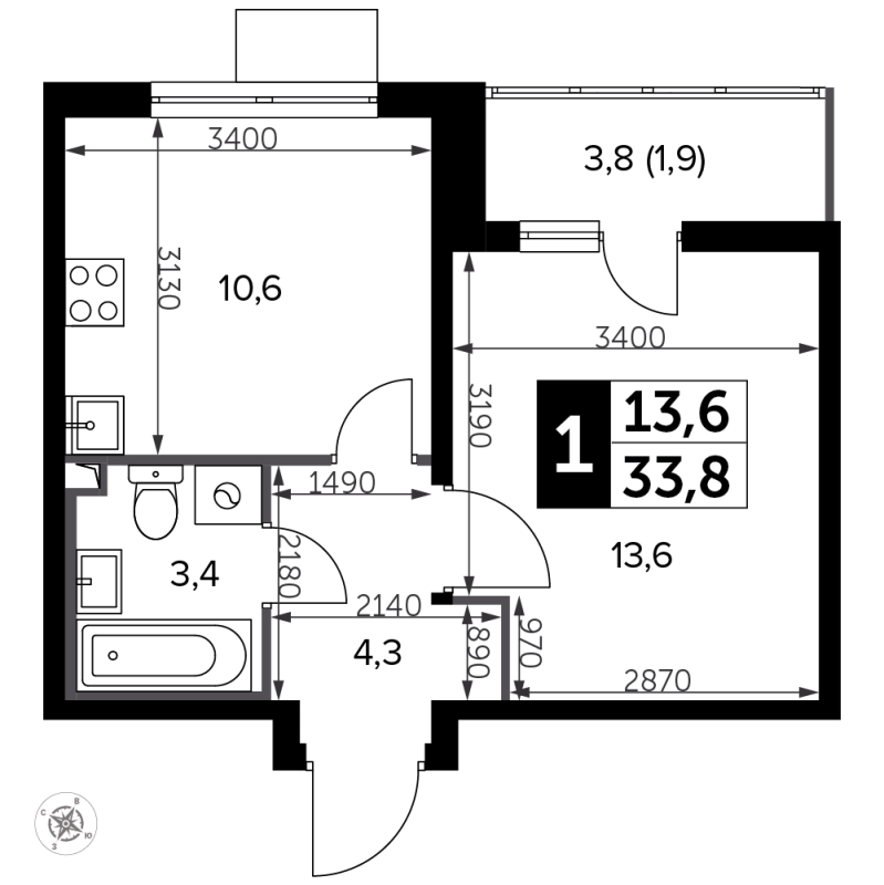 1 ккв 34,3 м²
